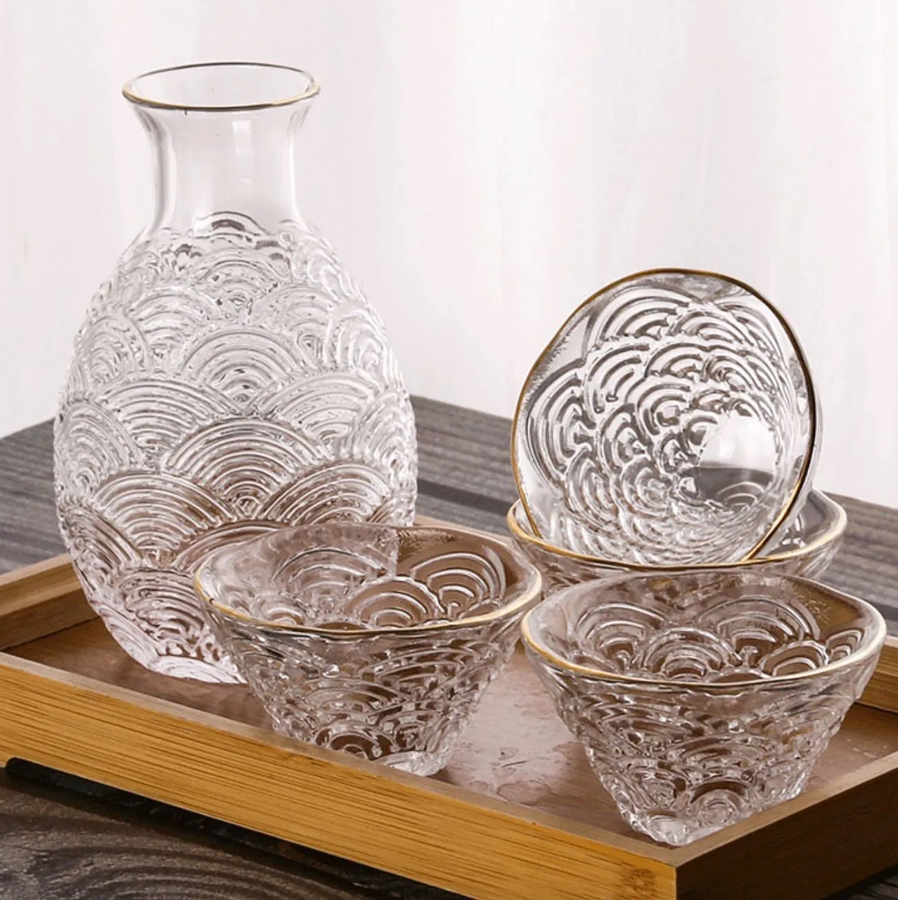 Classic Glass Sake Cup Set- Stripe Sake Set with gold grid fringe- 5 pcs sake set