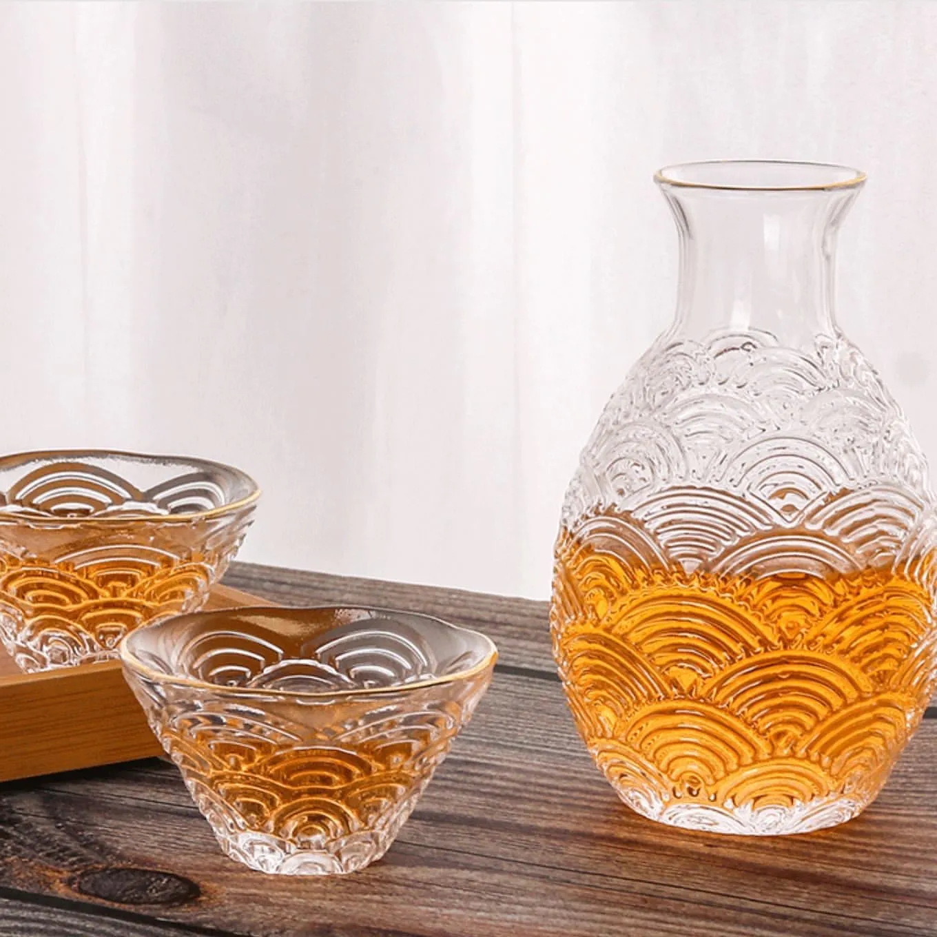 Classic Glass Sake Cup Set- Stripe Sake Set with gold grid fringe- 5 pcs sake set