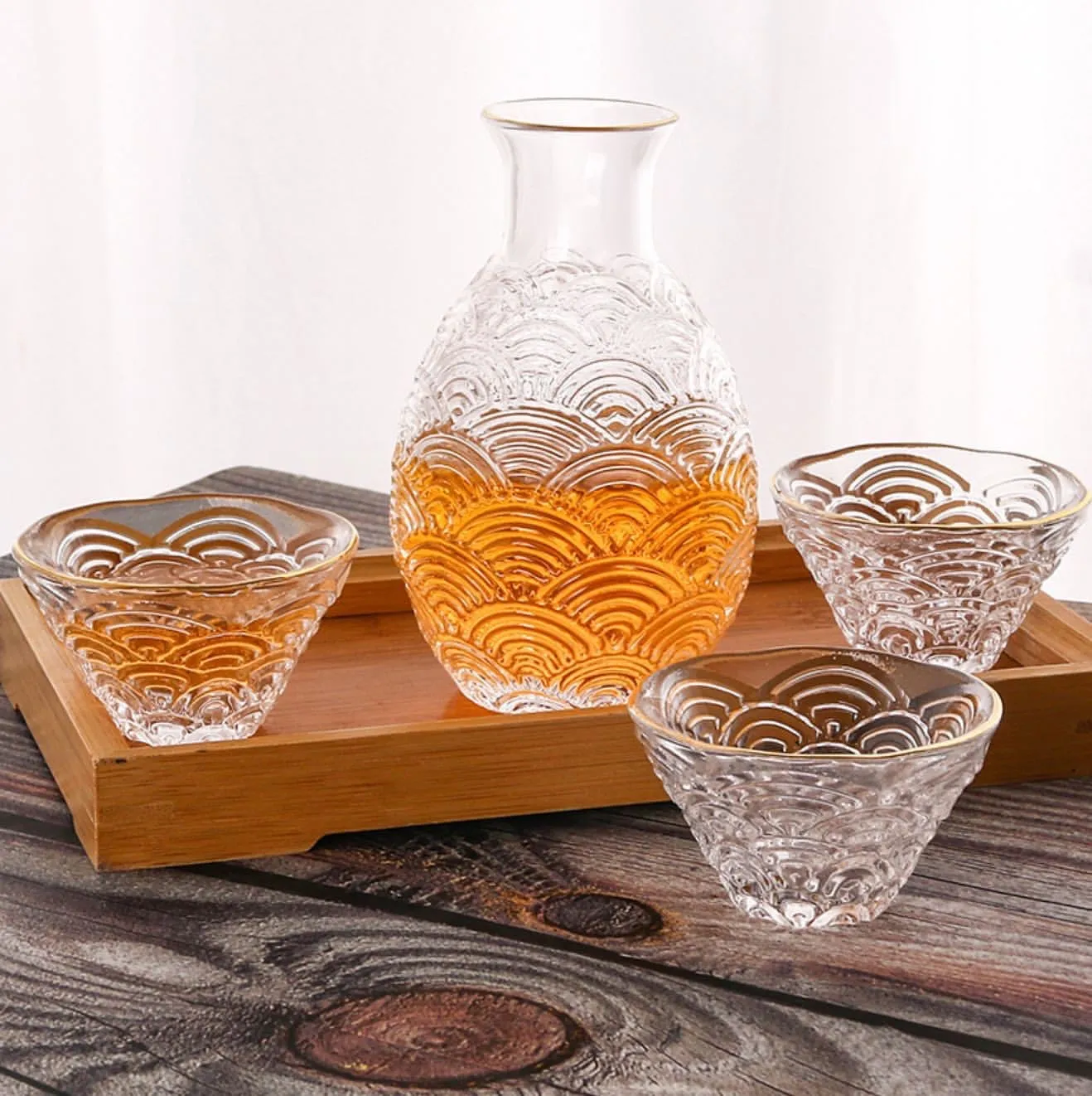 Classic Glass Sake Cup Set- Stripe Sake Set with gold grid fringe- 5 pcs sake set