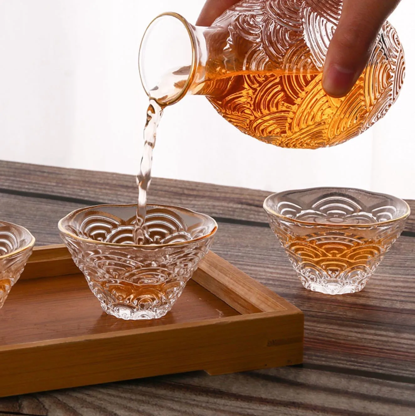 Classic Glass Sake Cup Set- Stripe Sake Set with gold grid fringe- 5 pcs sake set