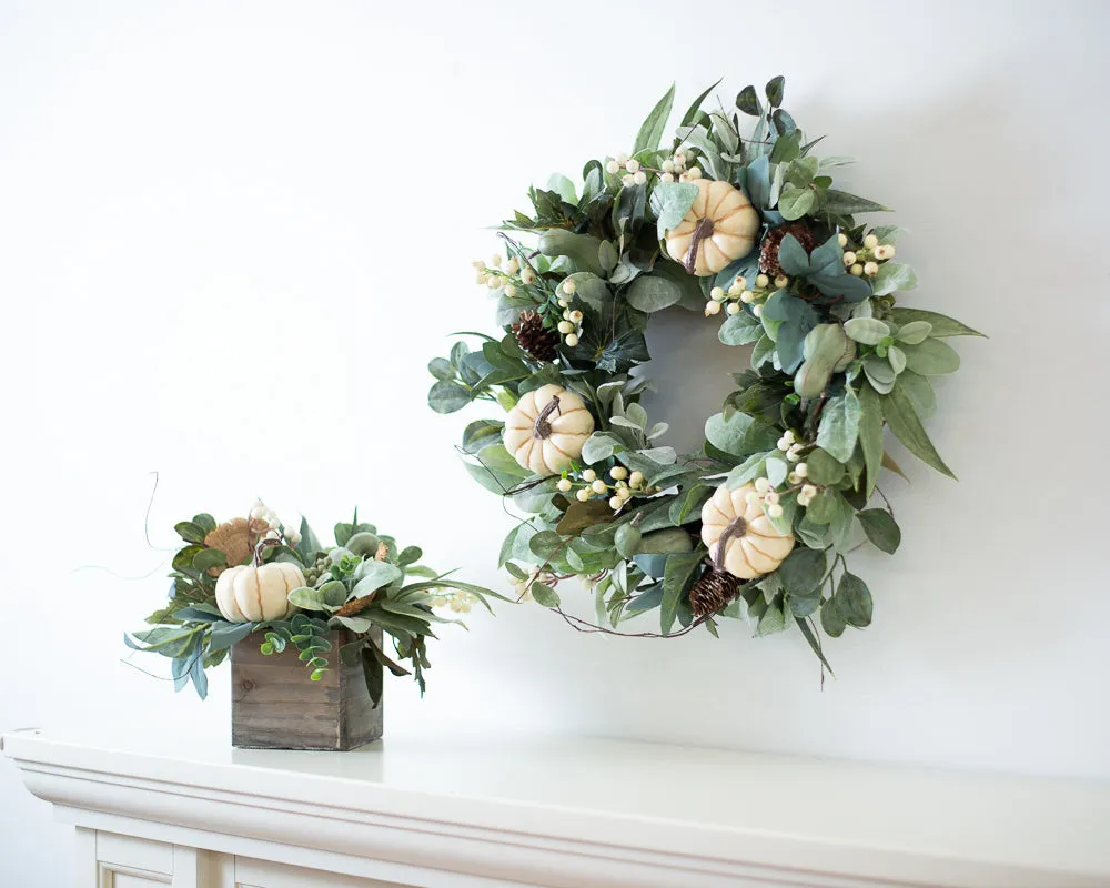 Cream Pumpkin, Eucalyptus & Gourd, Lamb's Ear Fall Harvest Front Door Wreath - Available In 2 Sizes