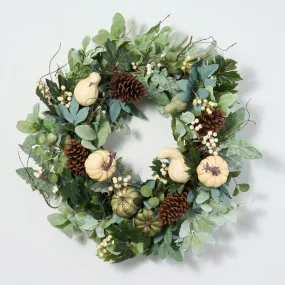 Cream Pumpkin, Eucalyptus & Gourd, Lamb's Ear Fall Harvest Front Door Wreath - Available In 2 Sizes