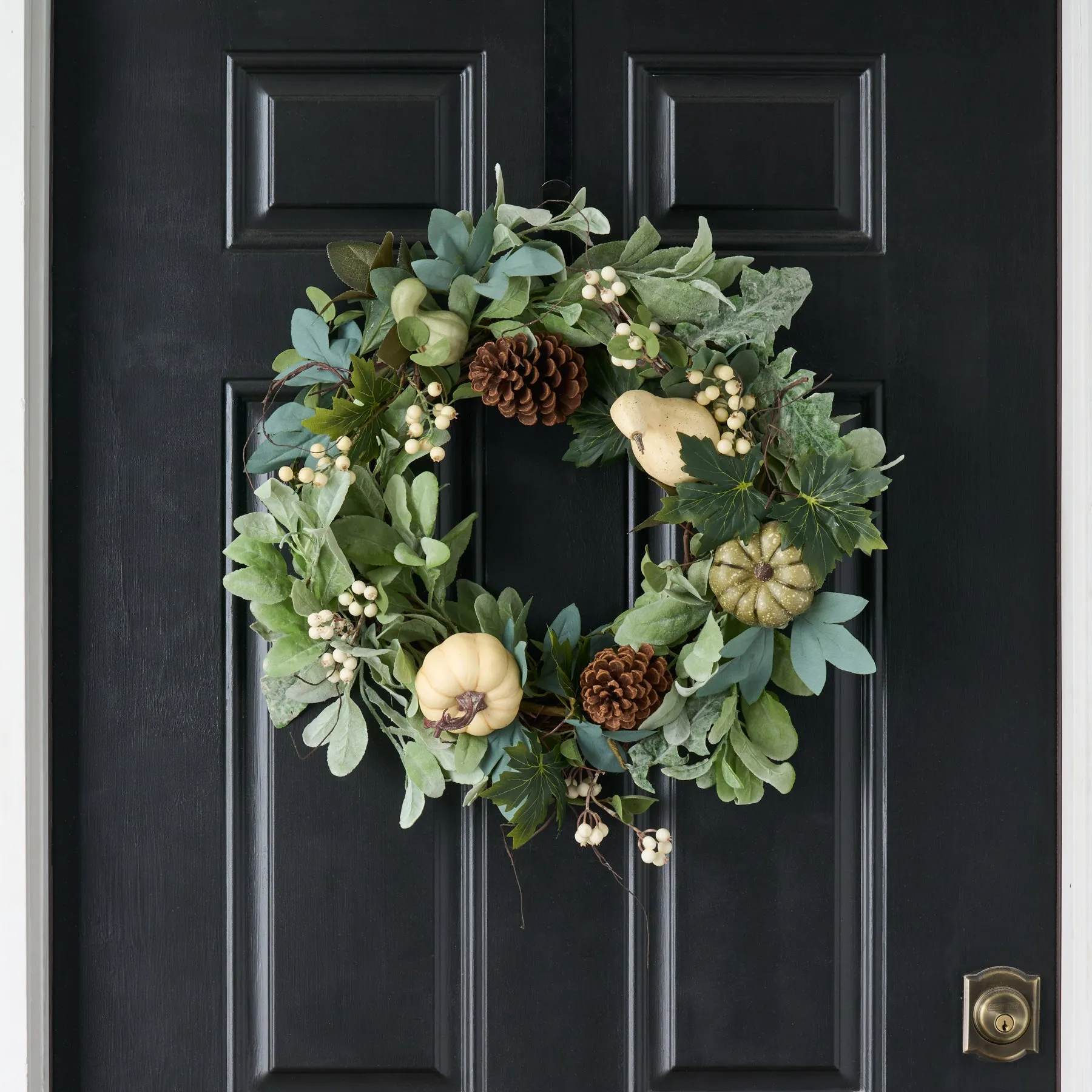 Cream Pumpkin, Eucalyptus & Gourd, Lamb's Ear Fall Harvest Front Door Wreath - Available In 2 Sizes