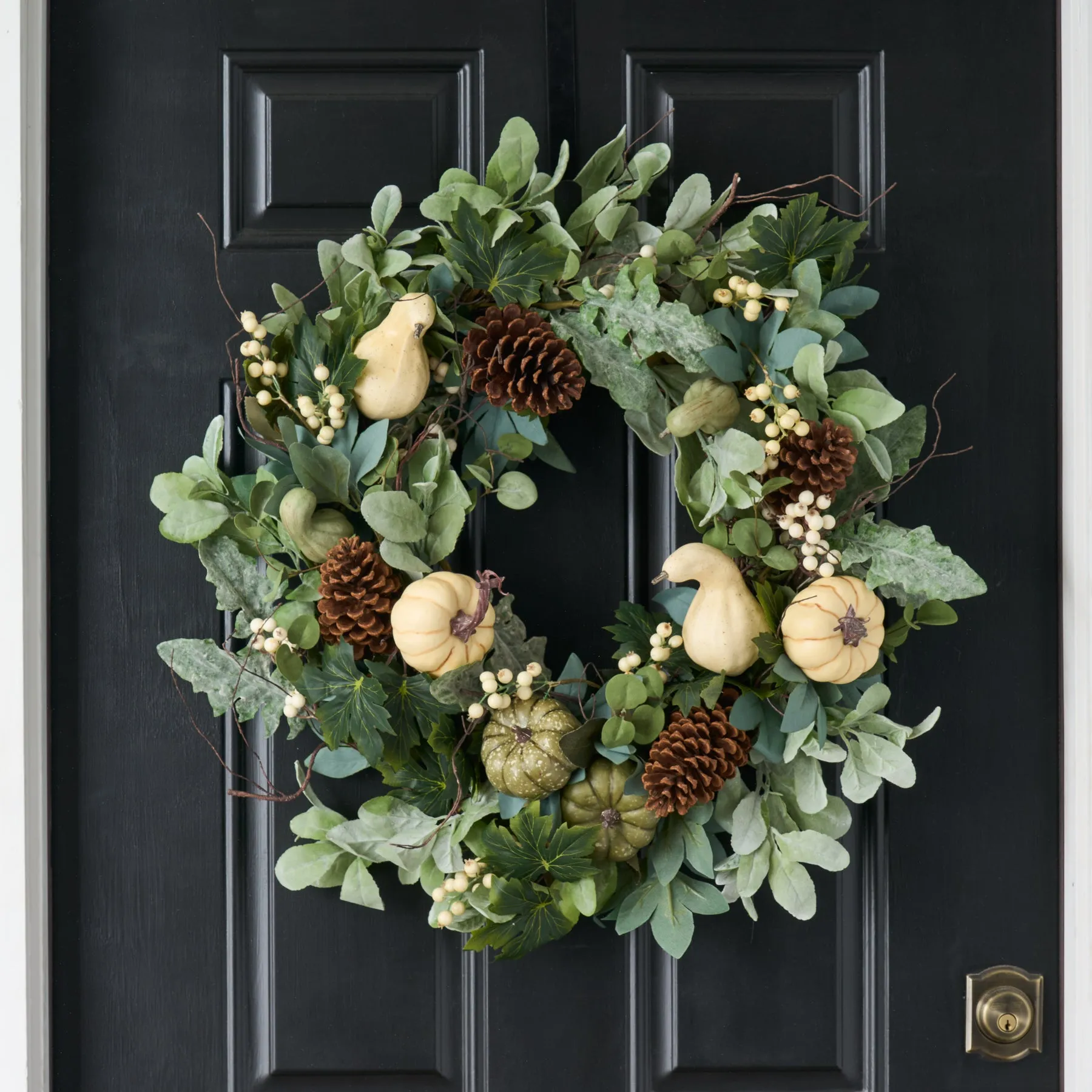 Cream Pumpkin, Eucalyptus & Gourd, Lamb's Ear Fall Harvest Front Door Wreath - Available In 2 Sizes