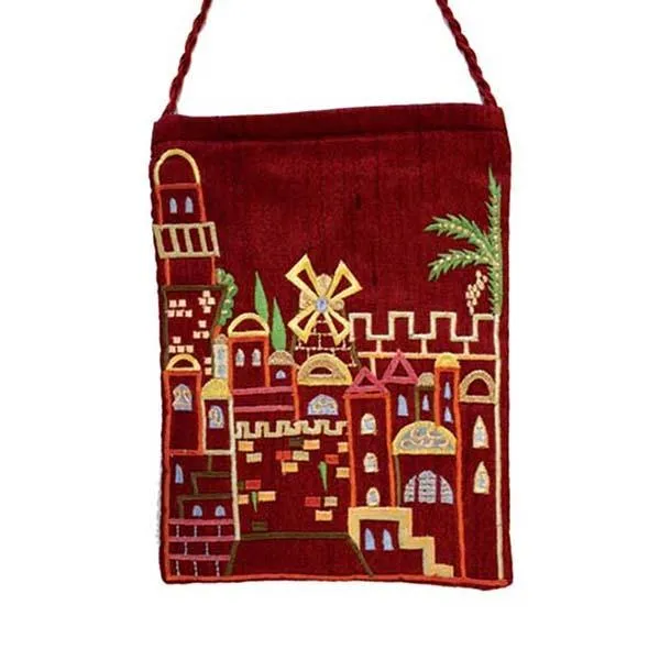 Embroidered Passport Bag - Jerusalem - Maroon