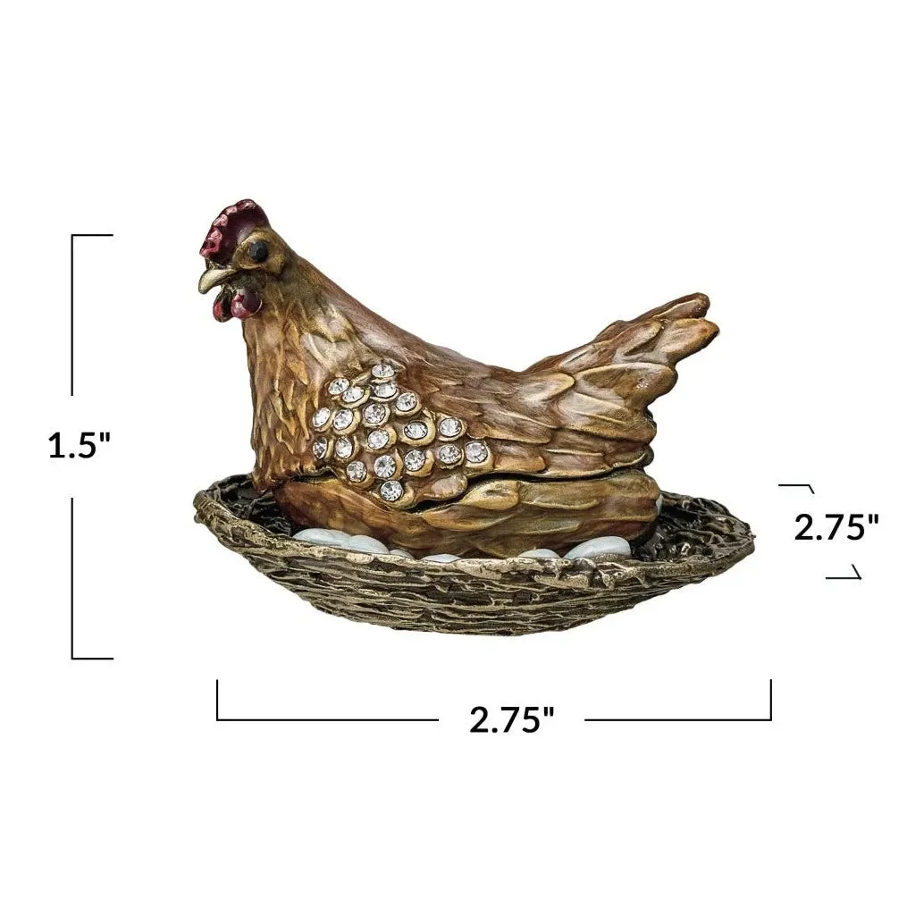 Enameled Metal Hen On Nest Shaped Trinket Box