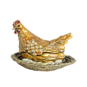 Enameled Metal Hen On Nest Shaped Trinket Box