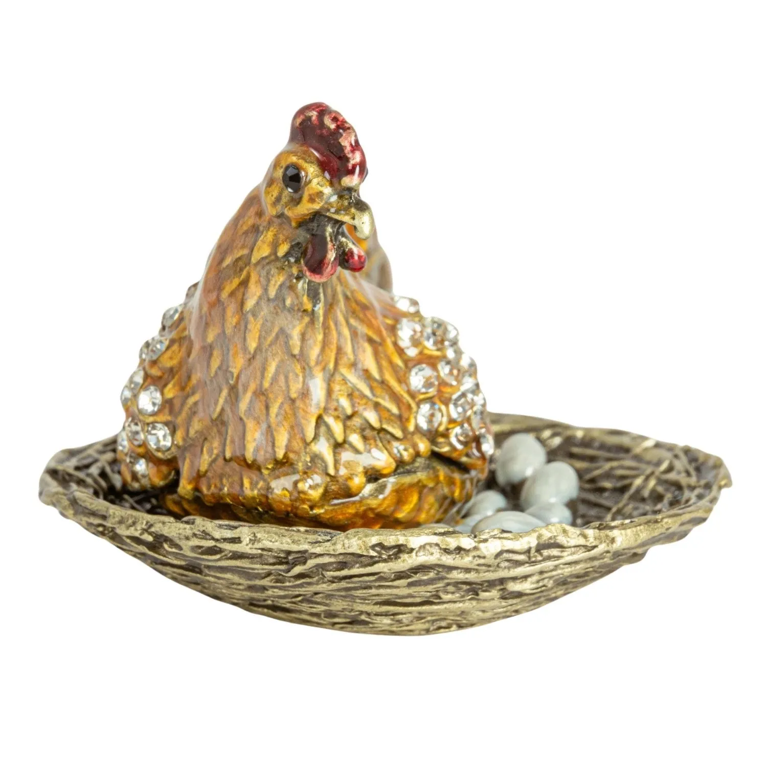 Enameled Metal Hen On Nest Shaped Trinket Box