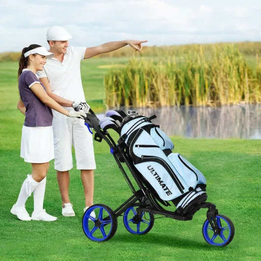 Folding Golf Push Cart with Scoreboard Adjustable Handle Swivel Wheel-Blue