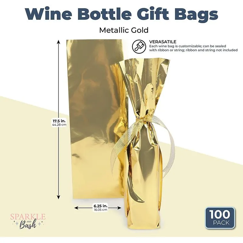 Gold Foil Wine Gift Bags, Metallic Bottle Wraps (6.25 x 17.5 in, 100 Pack)