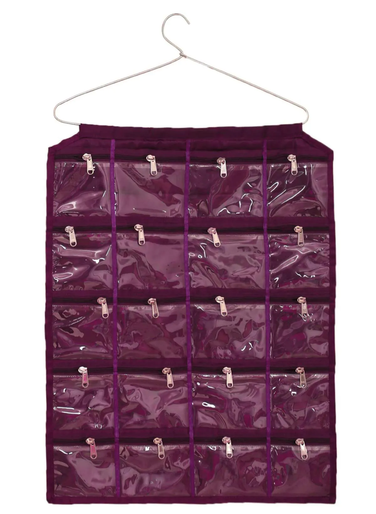 Heart Home Hanging Jewellery Organizer With 20 Zipper Pockets,Women Girl Storage Bag for Earrings Necklace Bracelet Ring Accessory with Hanger(Purple) (F_26_HEARTH016965)