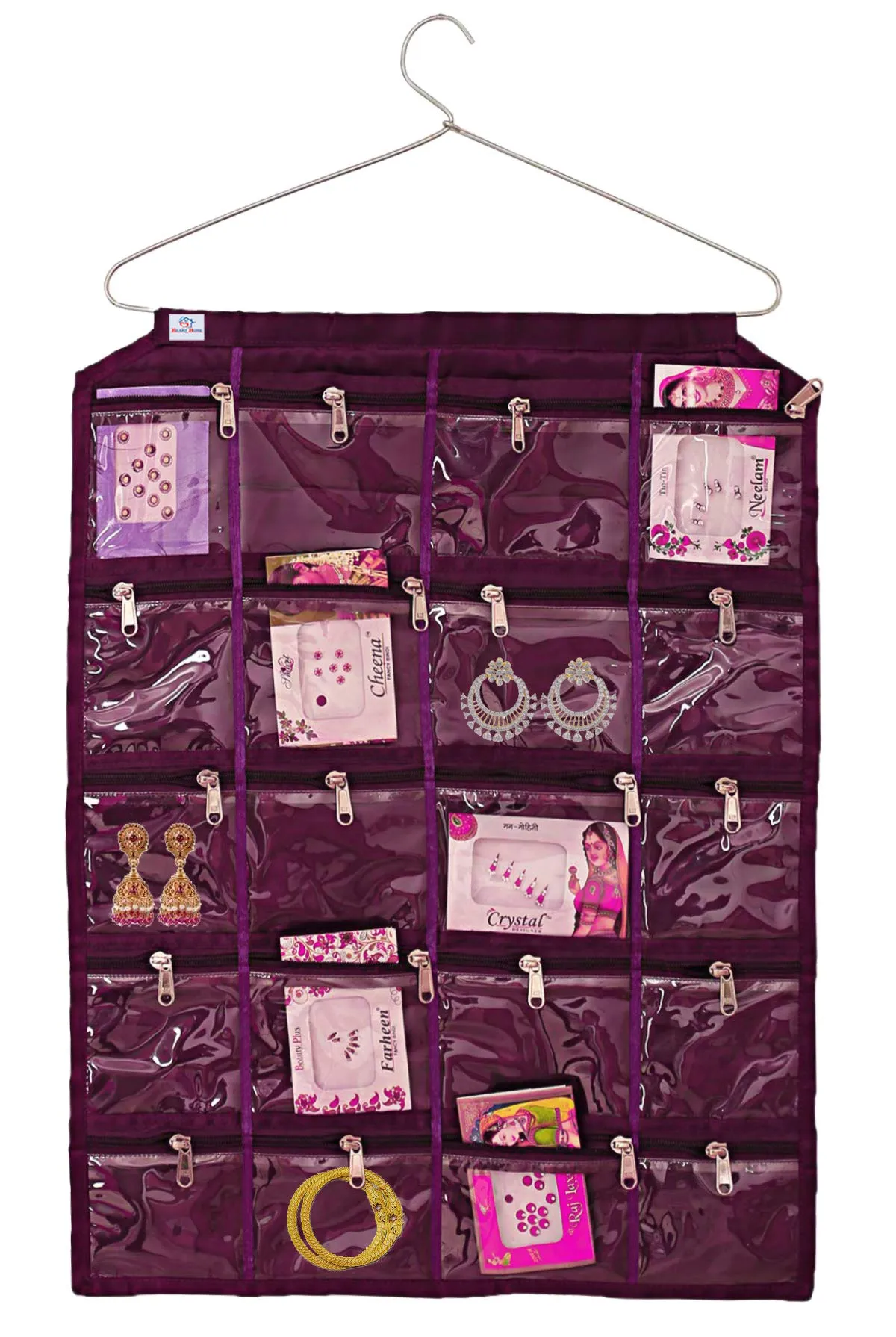 Heart Home Hanging Jewellery Organizer With 20 Zipper Pockets,Women Girl Storage Bag for Earrings Necklace Bracelet Ring Accessory with Hanger(Purple) (F_26_HEARTH016965)