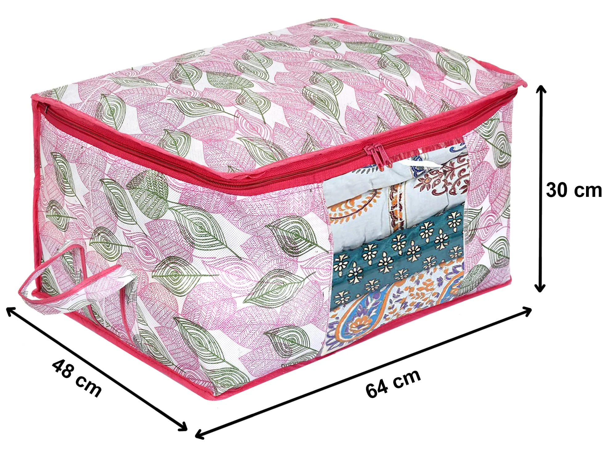 Heart Home Leaf Design Non-woven Underbed, Strorage Organizer With Transparent Window- Pack of 12 (Pink)-44HH0492