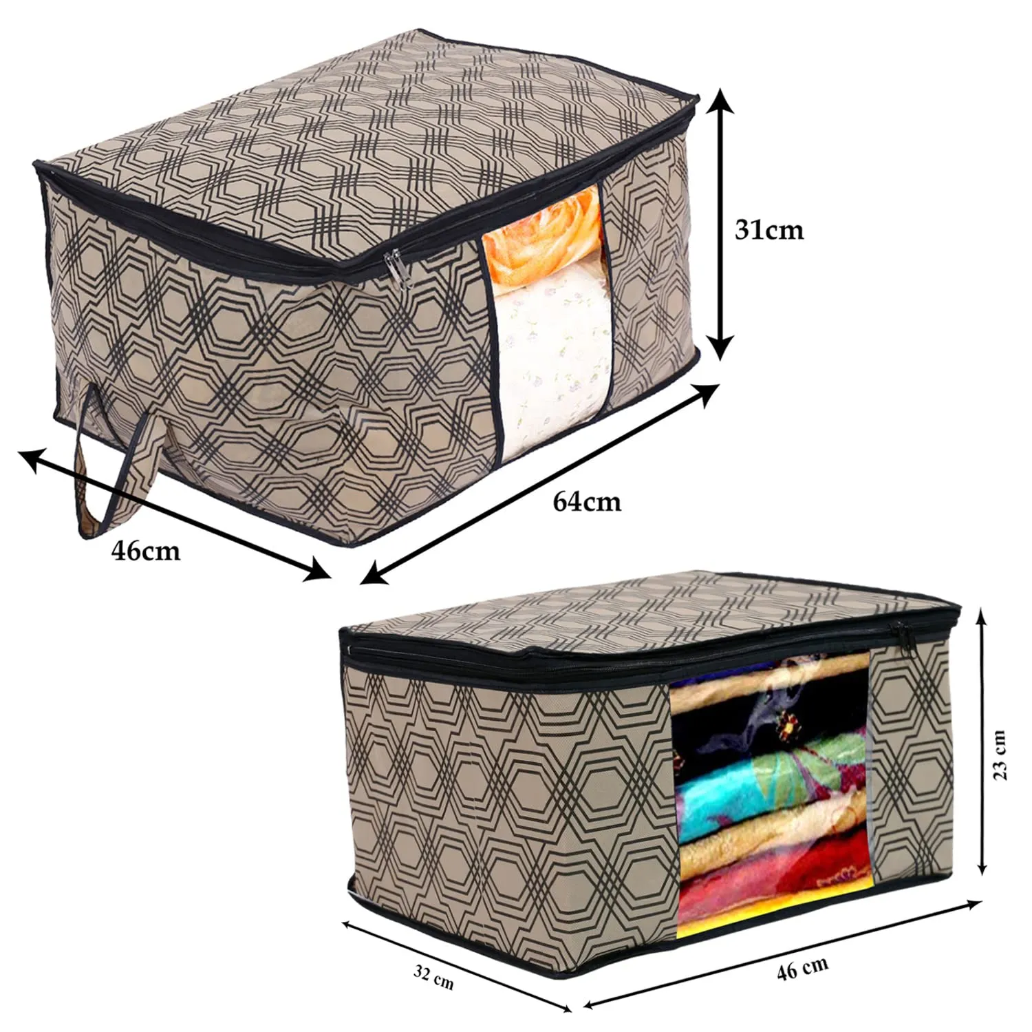 Heart Home Non-Woven Honeycomb Design 2 Pieces Underbed Storage Bag & 2 Pieces Saree Cover With Transparent Window, Pack of 4 (Cream)