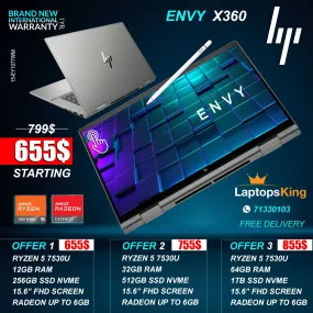 Hp Envy X360 15-EY1077WM Ryzen 5 7530u Radeon Graphics 15.6" Flip-Touch 2in1 Laptop Offer (Brand New)