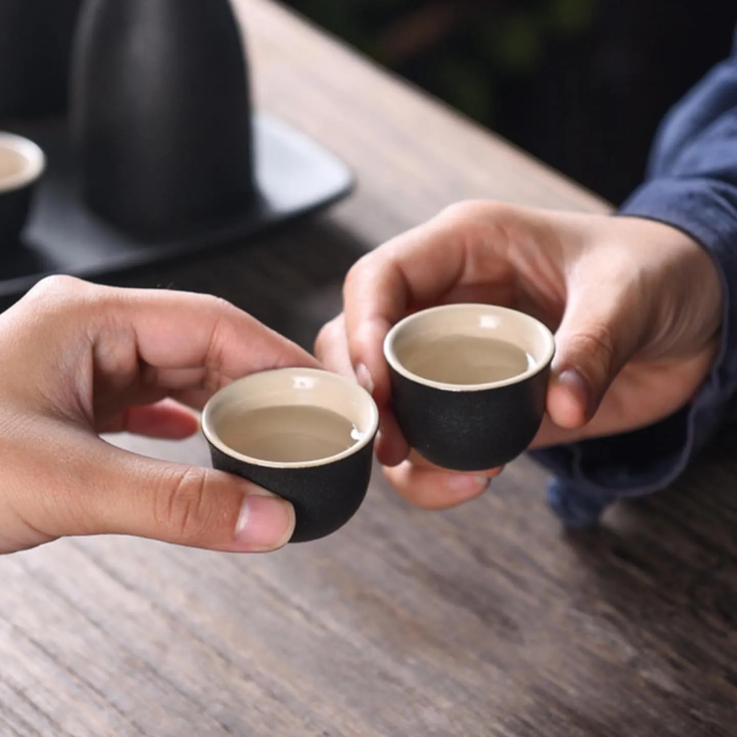 Japanese Sake Cup Set with Warmer- Mini Ceramic Sake set- 9 pcs Sake set- Black and White classic Sake Set