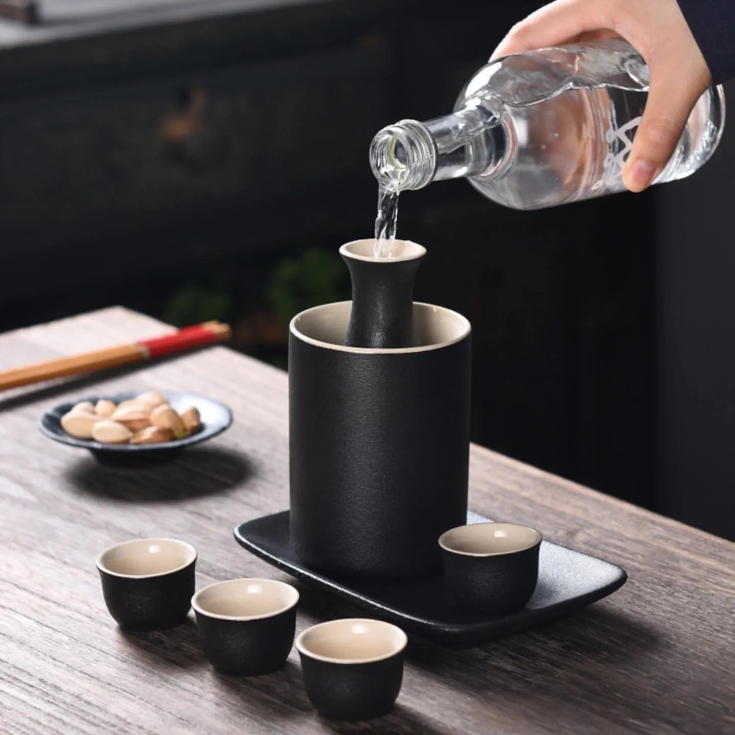 Japanese Sake Cup Set with Warmer- Mini Ceramic Sake set- 9 pcs Sake set- Black and White classic Sake Set