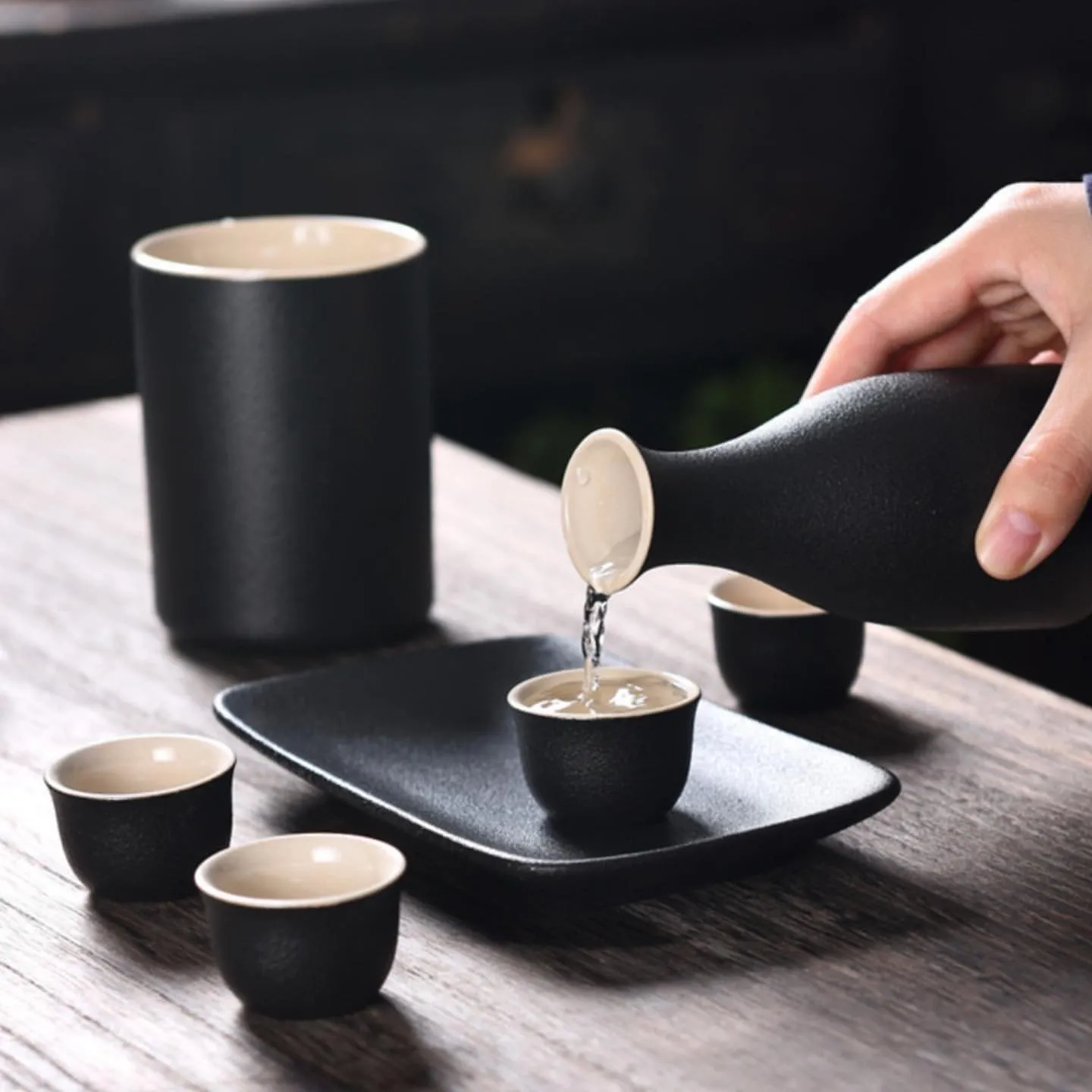 Japanese Sake Cup Set with Warmer- Mini Ceramic Sake set- 9 pcs Sake set- Black and White classic Sake Set