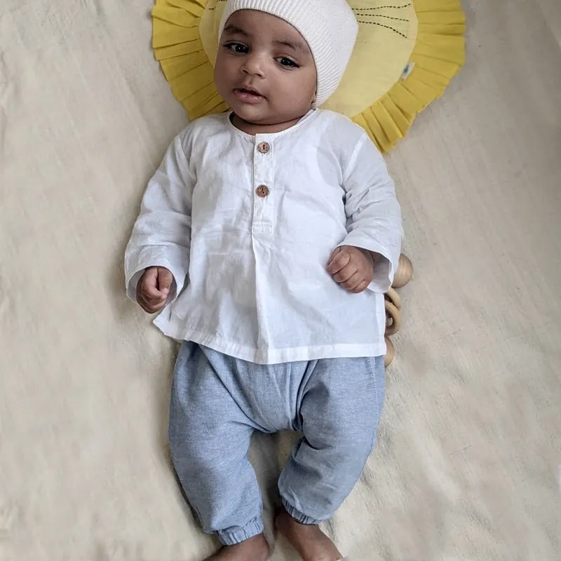 Kids Unisex Organic Cotton Essential White Kurta and Blue Chambray Pants