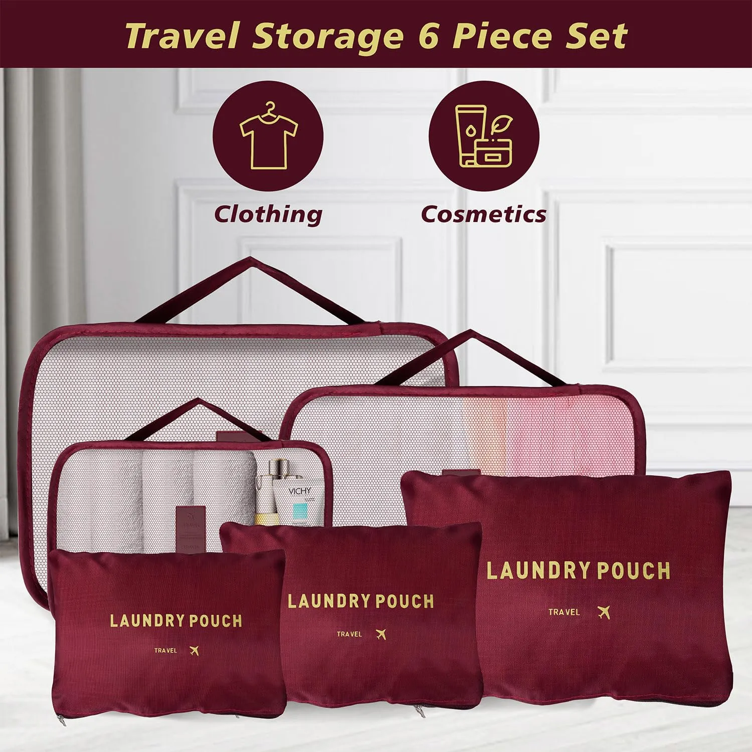 Kuber Industries 12 Pcs Travel Luggage Bag | Toiletry Bag for Jewellery-Watches-Bracelets | Multi-Purpose Storage Bag with Handle | Travel Utility Storage Pouches | LYN16-MRO | Maroon| Pack of 2