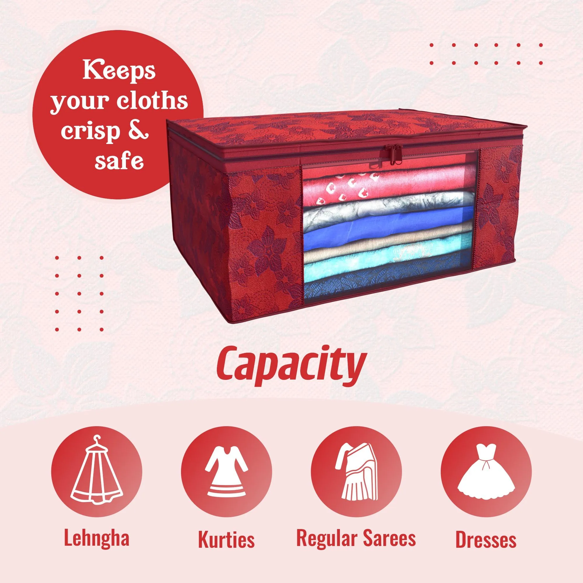 Kuber Industries Clothes Organizer For Wardrobe (Pack of 6) - Storage Organizer For Saree | Shirts | Salwar Suit | Lehanga - Dress Organizer For Wardrobe - Saree Covers With Zip (Printed) (Red)