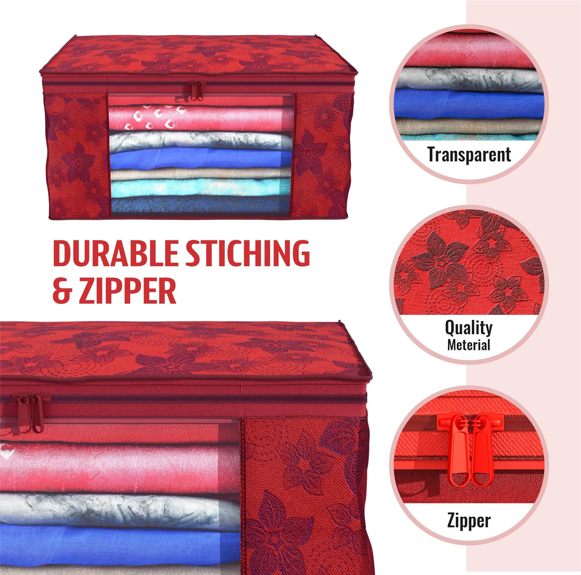 Kuber Industries Clothes Organizer For Wardrobe (Pack of 6) - Storage Organizer For Saree | Shirts | Salwar Suit | Lehanga - Dress Organizer For Wardrobe - Saree Covers With Zip (Printed) (Red)