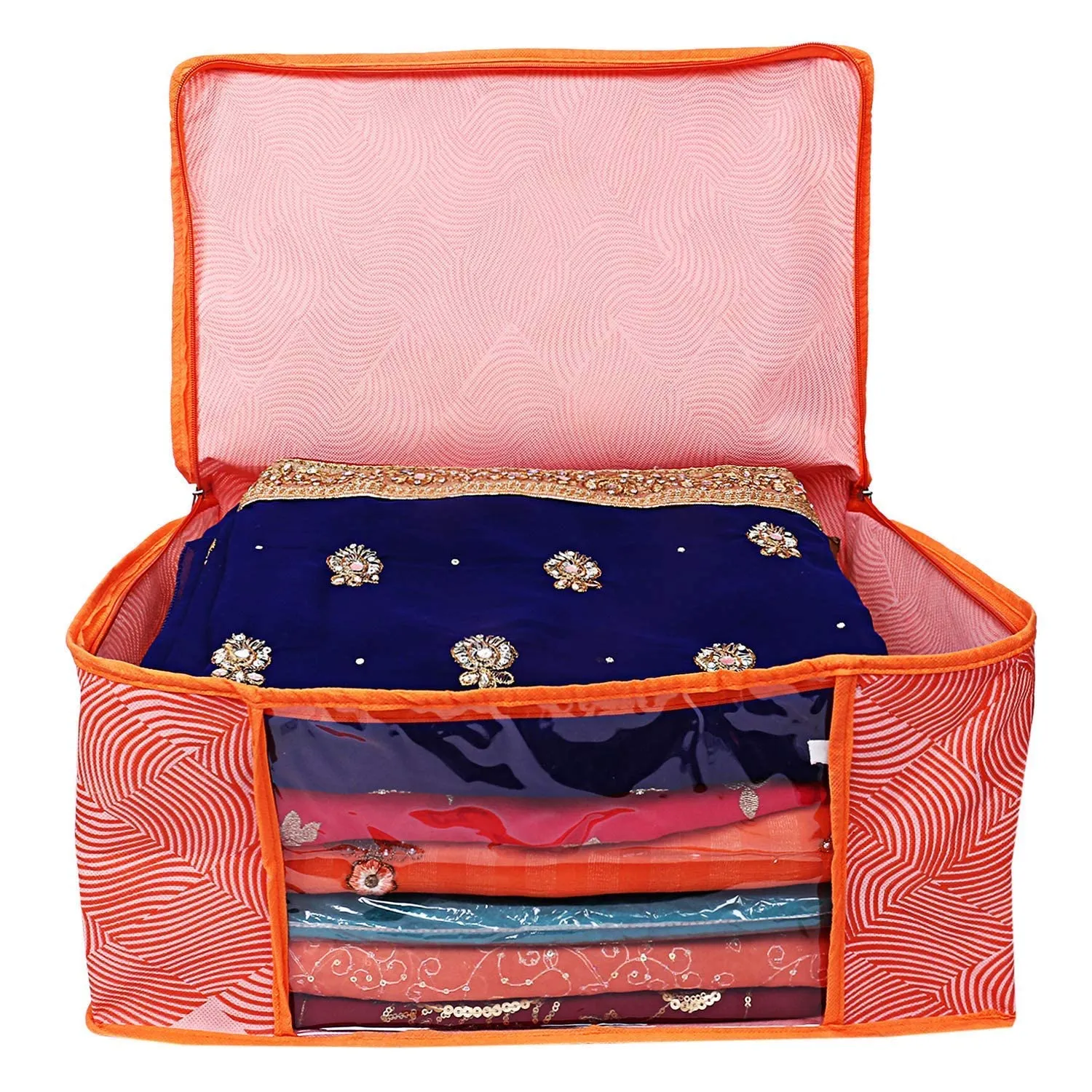 Kuber Industries Lahariya Design Non-woven Foldable Saree Cover/Clothes Storage Bag/Wardrobe Organizer With Transparent Window- Pack of 3 (Orange)-44KM0377