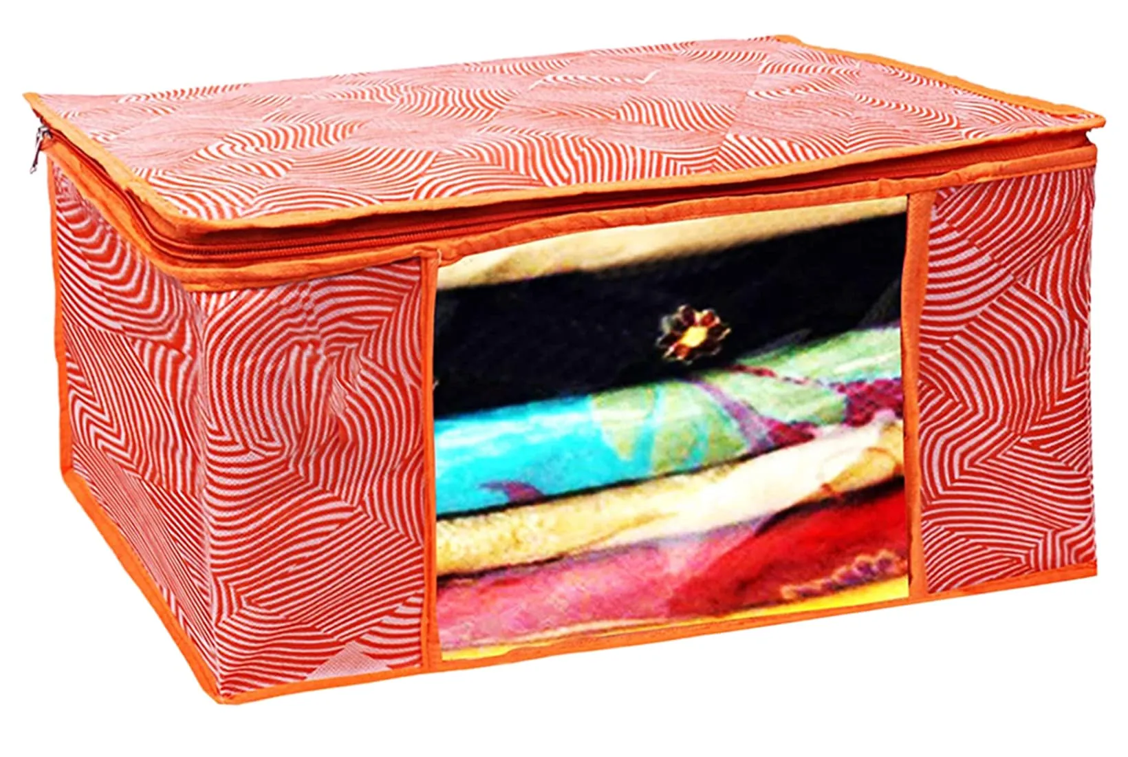 Kuber Industries Lahariya Design Non-woven Foldable Saree Cover/Clothes Storage Bag/Wardrobe Organizer With Transparent Window- Pack of 3 (Orange)-44KM0377