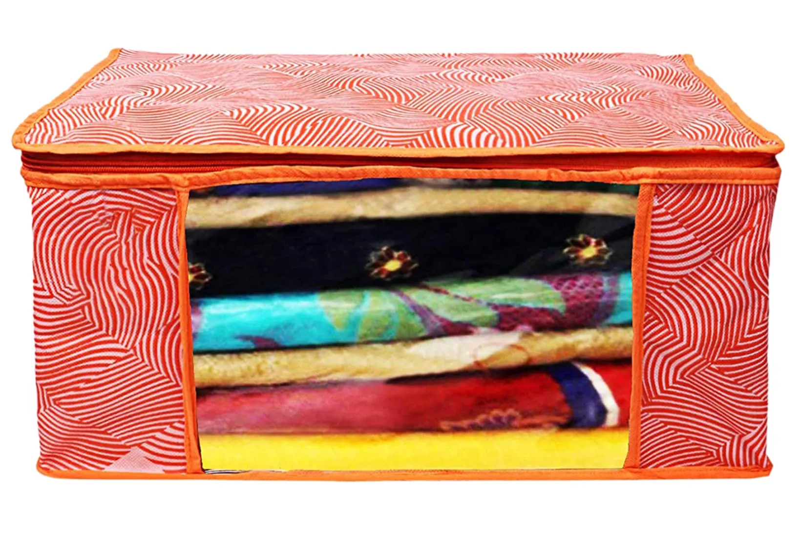 Kuber Industries Lahariya Design Non-woven Foldable Saree Cover/Clothes Storage Bag/Wardrobe Organizer With Transparent Window- Pack of 3 (Orange)-44KM0377