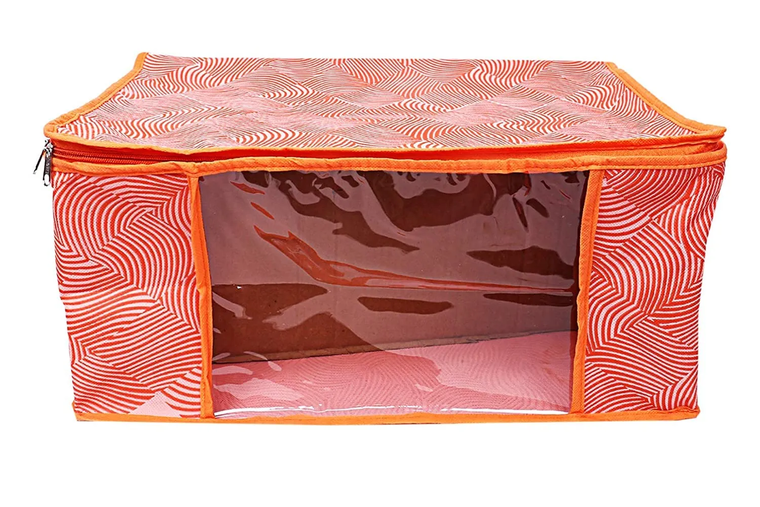 Kuber Industries Lahariya Design Non-woven Foldable Saree Cover/Clothes Storage Bag/Wardrobe Organizer With Transparent Window- Pack of 3 (Orange)-44KM0377