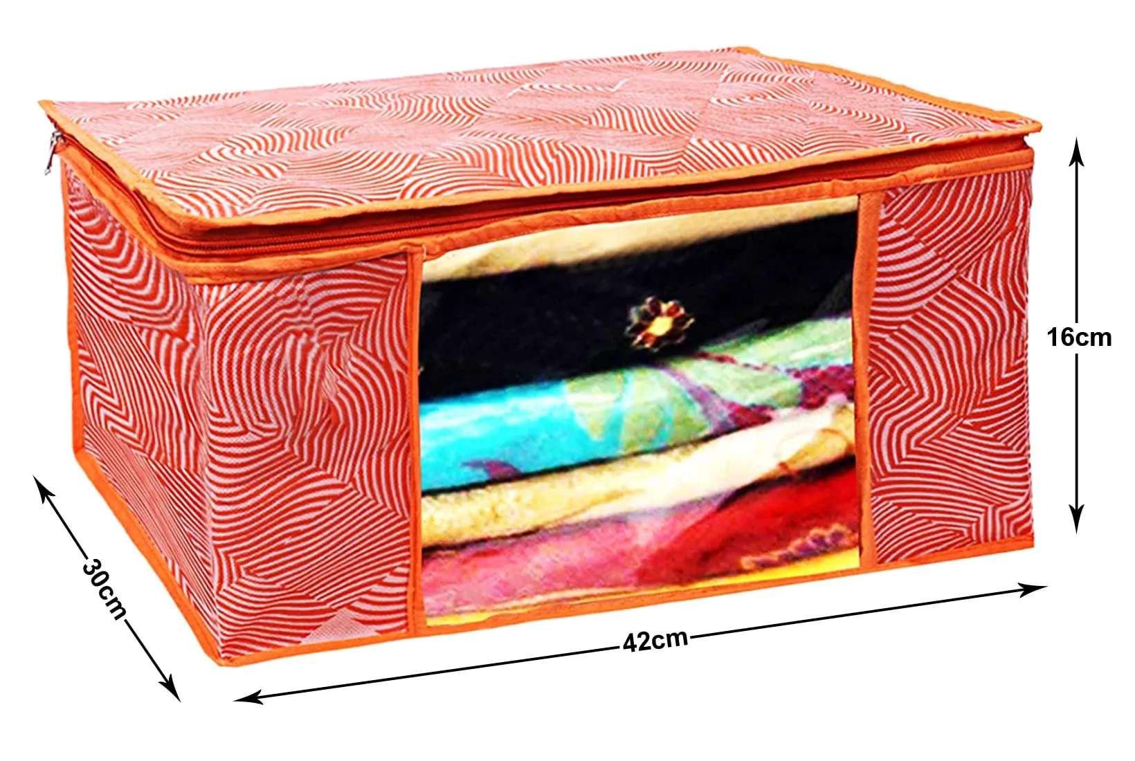 Kuber Industries Lahariya Design Non-woven Foldable Saree Cover/Clothes Storage Bag/Wardrobe Organizer With Transparent Window- Pack of 3 (Orange)-44KM0377