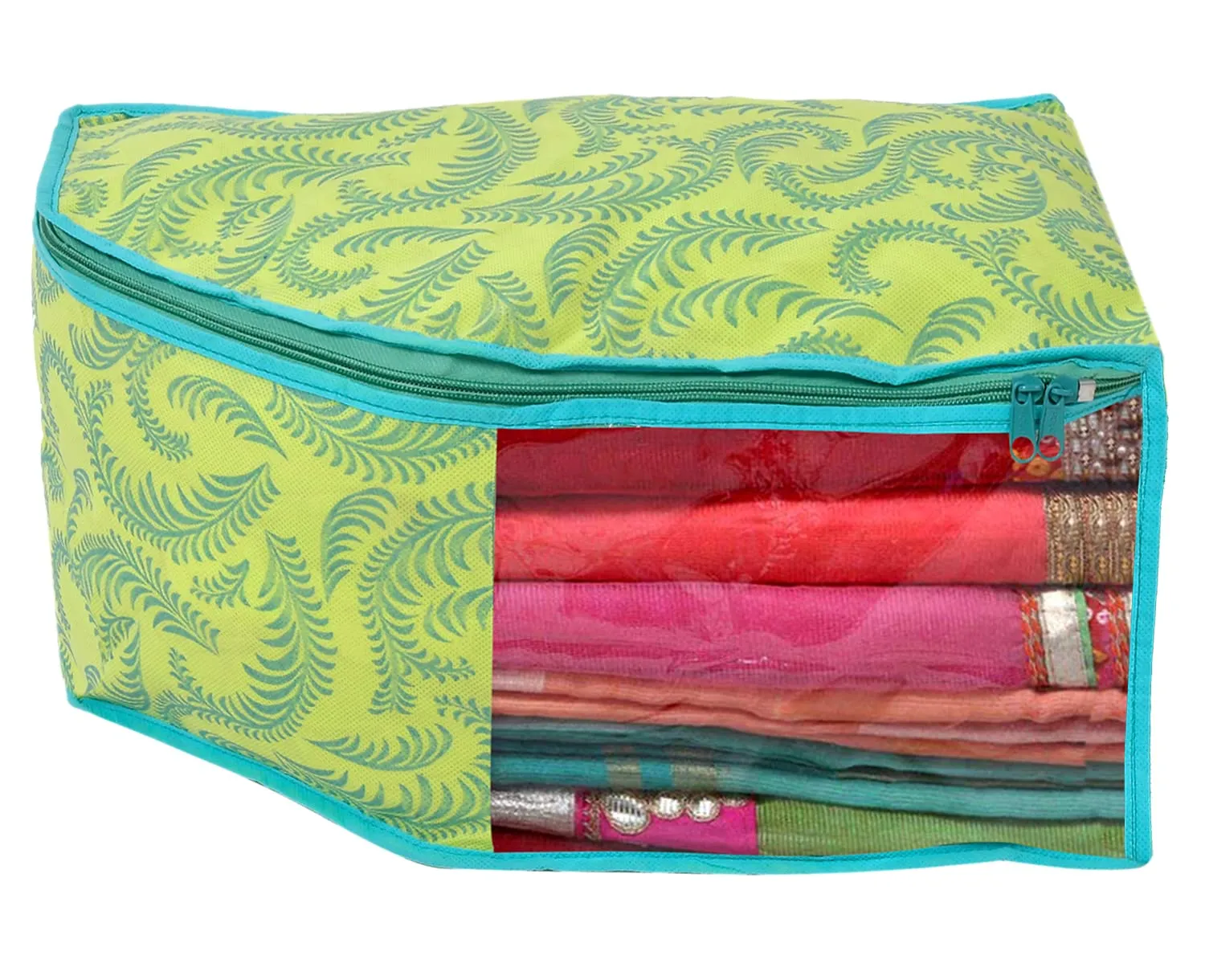 Kuber Industries Leaf Design Non-woven Foldable 3 Saree & 3 Blouse Cover/Clothes Storage Bag/Wardrobe Organizer Set With Transparent Window- Pack of 6 (Green)-44KM0569