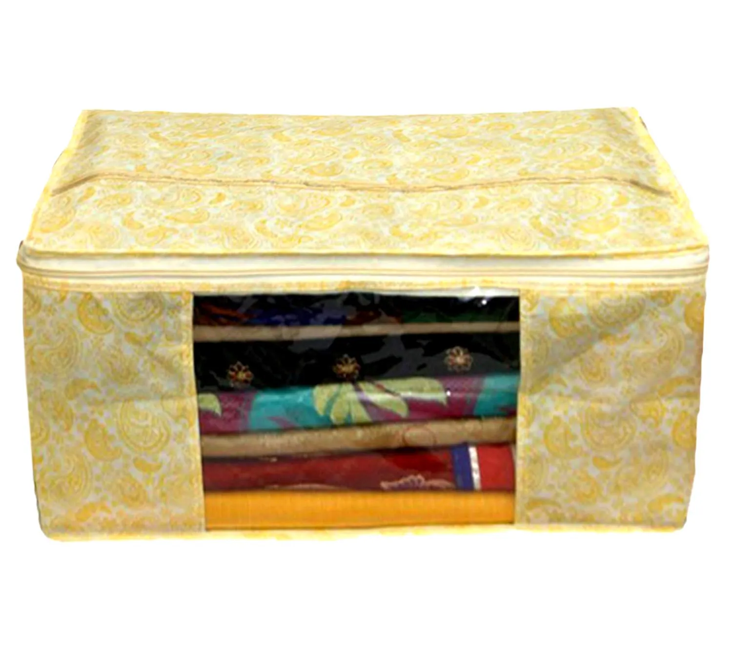 Kuber Industries Metallic Printed Non Woven 2 Pieces Saree Cover and 2 Pieces Underbed Storage Bag, Cloth Organizer for Storage, Blanket Cover Combo Set (Gold) -CTKTC038584