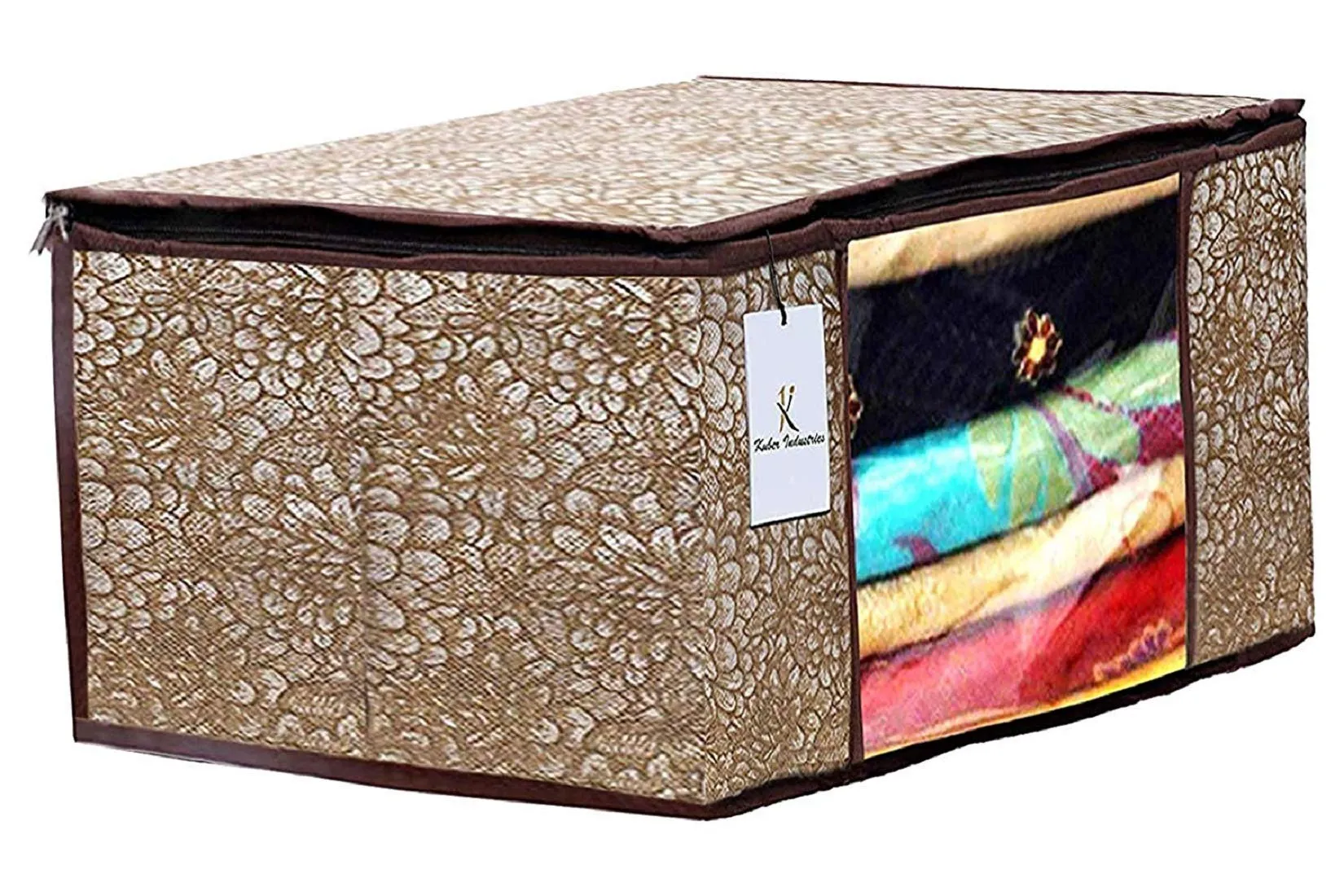 Kuber Industries Metallic Printed Non Woven 6 Pieces Saree Cover and 3 Pieces Underbed Storage Bag, Cloth Organizer for Storage, Blanket Cover Combo Set (Gold & Brown) - CTKTC038603