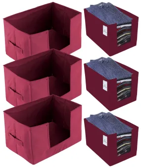 Kuber Industries Non Woven 3 Piece Shirt Stacker and 3 Piece Foldable Rectangle Cloth Saree Stacker Cloth Wardrobe Organizer Wardrobe Organizer (Maroon) -CTKTC038256