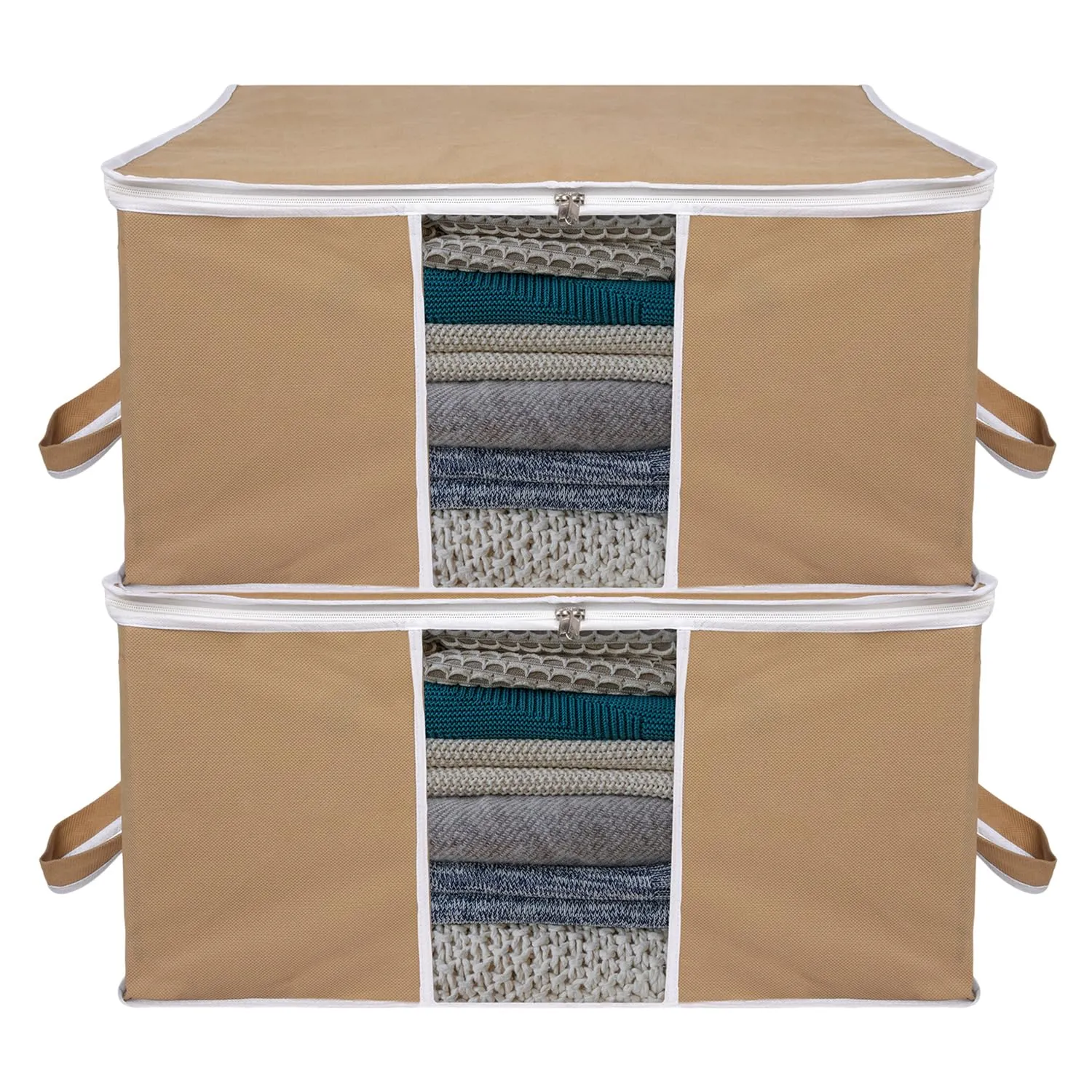 Kuber Industries Underbed Storage Bag | Clothes Storage Organizer | Blanket Cover with Clear Window | Zipper Closure & Handle Cloth Organizer | Plain White Border | Large | Pack of 2 | Brown