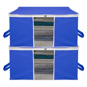 Kuber Industries Underbed Storage Bag | Clothes Storage Organizer | Blanket Cover with Clear Window | Zipper Closure & Handle Cloth Organizer | Plain White Border | Large | Pack of 2 | Royal Blue