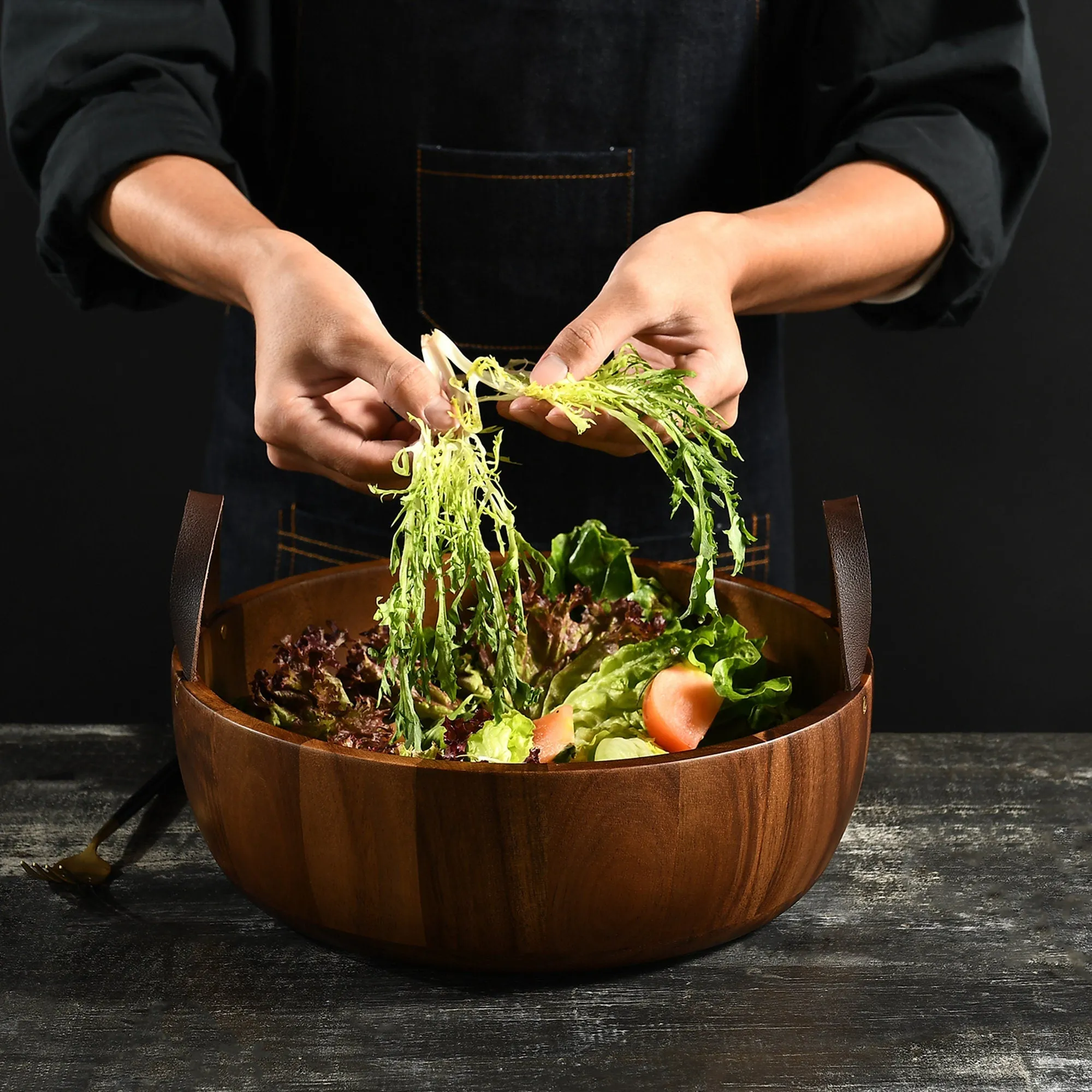 Large Wooden Salad Bowl, 12" Acacia Wood Bowl, Eco Friendly Housewarming Gift with Gift Bag