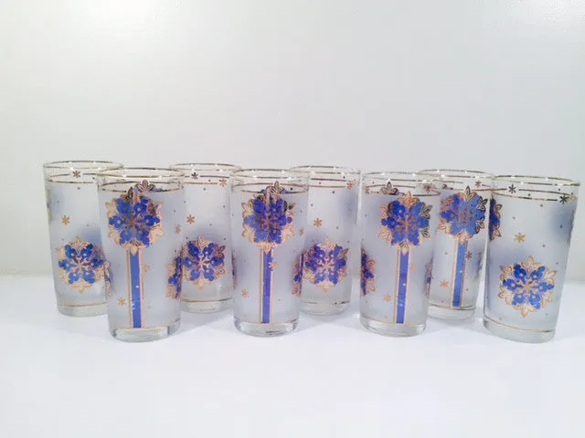 Libbey - Blue and 22-Karat Gold Frosted Star/Snowflake Glasses (Set of 8)