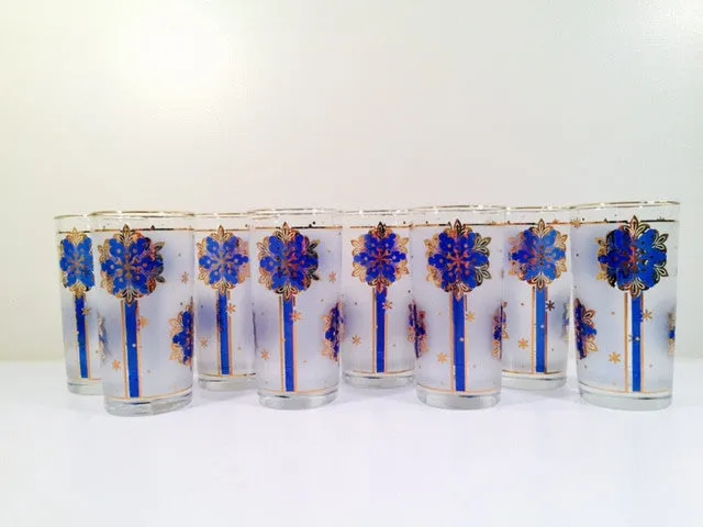 Libbey - Blue and 22-Karat Gold Frosted Star/Snowflake Glasses (Set of 8)