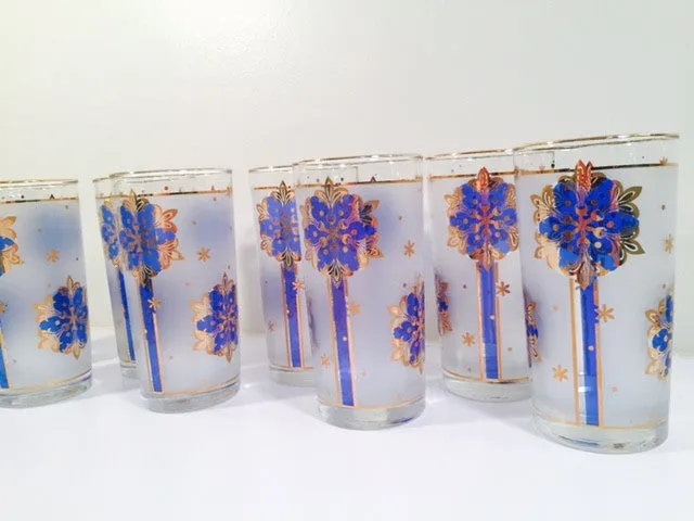 Libbey - Blue and 22-Karat Gold Frosted Star/Snowflake Glasses (Set of 8)