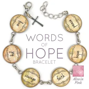 Love, Joy, Courage, Faith, Hope, Peace - Words of Hope Glass Charm Stainless Steel Christian Bracelet, 7.5"-8.75"