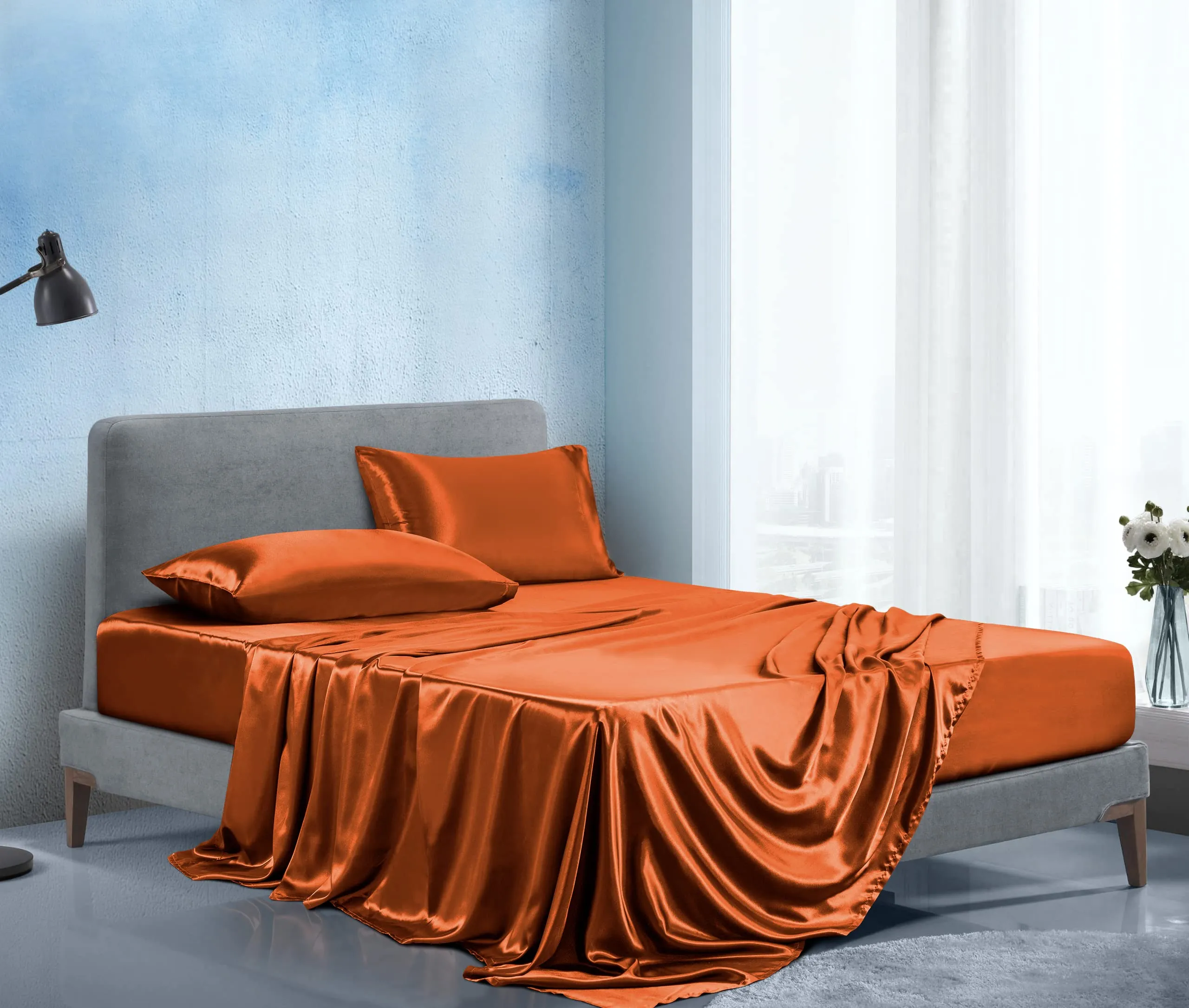 Manyshofu Satin King Sheets Set 4 Piece - Soft Silky Satin Sheets Set, Rust Orange Satin Bed Sheets Cooling & Luxury Bedding Sheet Set(1 Satin Fitted Sheet, 1 Satin Flat Sheet, 2 Satin Pillow Cases)