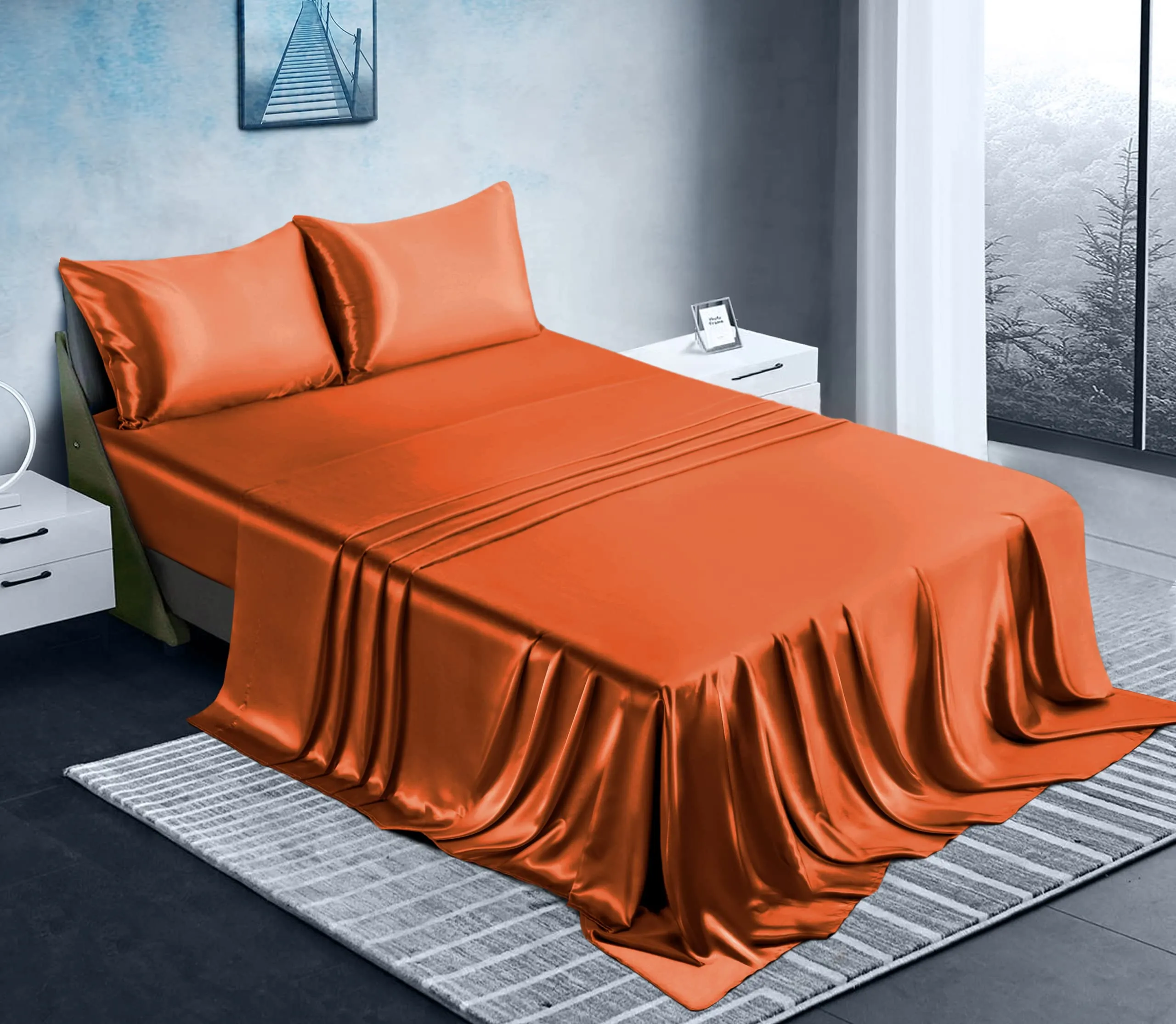 Manyshofu Satin King Sheets Set 4 Piece - Soft Silky Satin Sheets Set, Rust Orange Satin Bed Sheets Cooling & Luxury Bedding Sheet Set(1 Satin Fitted Sheet, 1 Satin Flat Sheet, 2 Satin Pillow Cases)