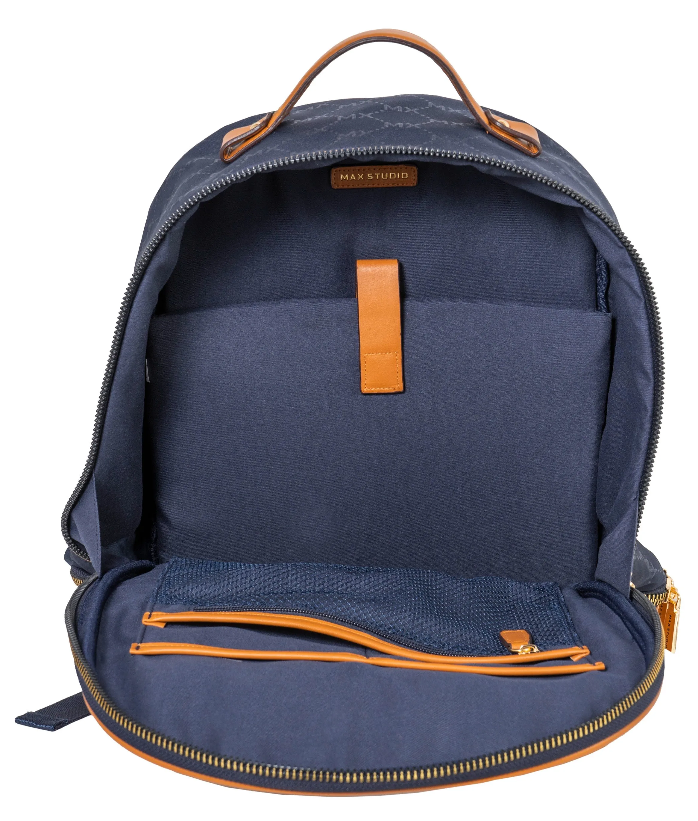 Max Studio Two-Toned Nylon Signature Backpack with Padded Laptop Sleeves & Drop Bottom Shoe Compartment