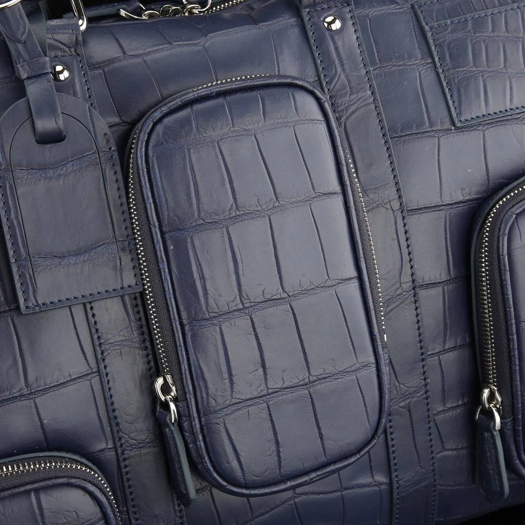 Men's Crocodile Leather Travel Duffel Holdall Bag Dark Blue