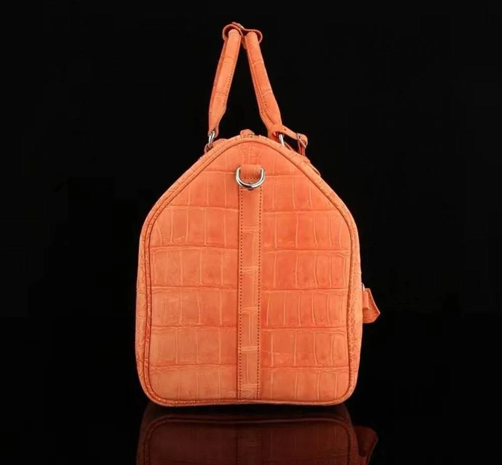 Men's Sanded Crocodile Leather Large Travel Duffle Bag Orange