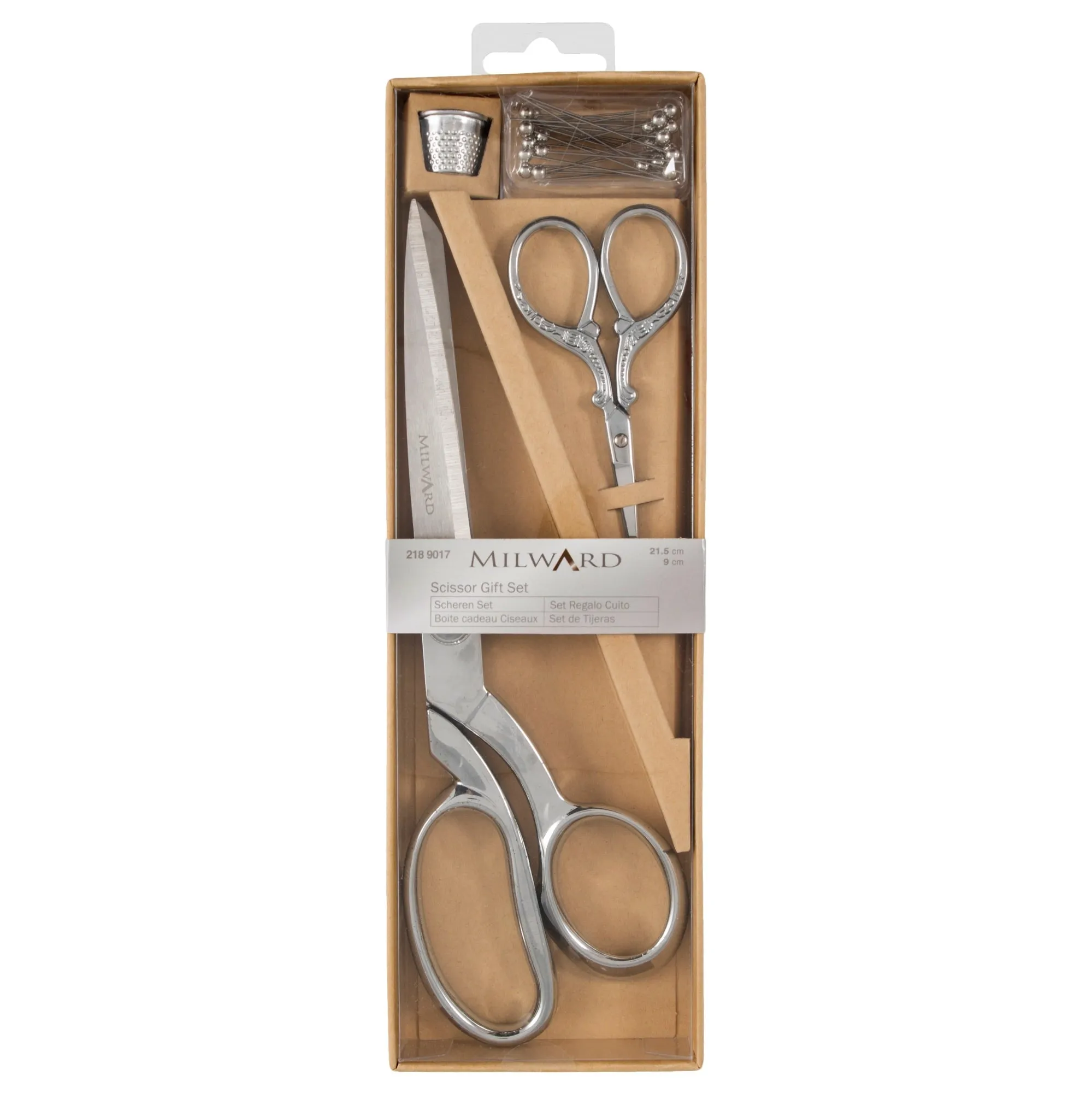 Milward Scissors: Gift Set: Dressmaking and Embroidery (21.5cm 9.5cm), Thimble & Pins: Silver