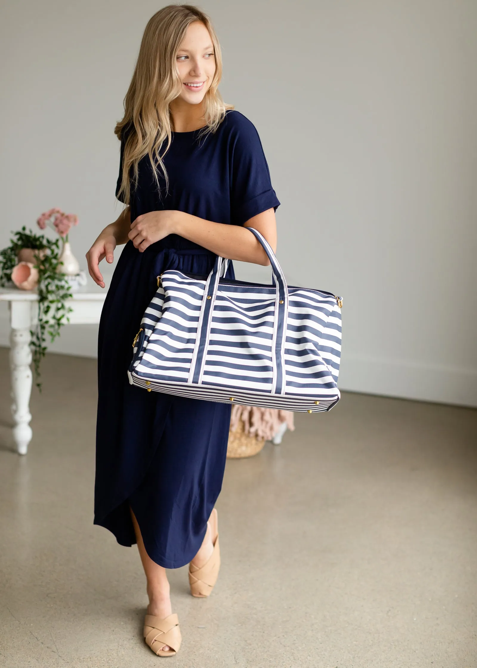 Navy   White Striped Weekender Duffle Bag - FINAL SALE