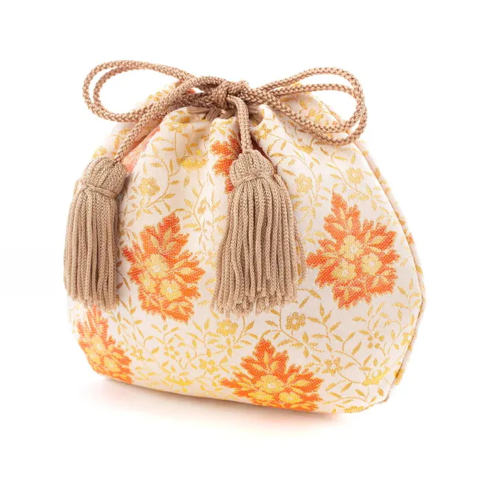 Nishijin-ori Small Drawstring Bag - Flower and Arabesque Pattern / White -,  Made in Kyoto, Japan,  Japanese traditional craft purse